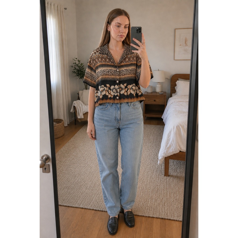 Vintage Nina Piccalino Boxy Shirt 12 Brown Leopard Floral Mixed Print 90s Indie